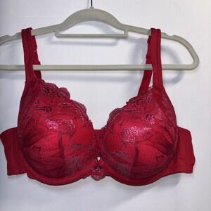 Cacique 42C Floral Red Lace Shimmer Push Up Underwire Light Padded Valentine Bra